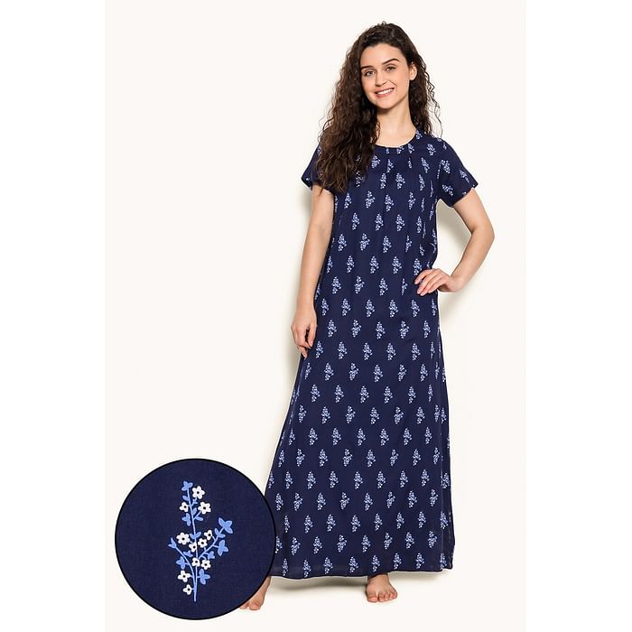 

Clovia Pretty Florals Long Night Dress in Navy - Rayon - NS1508P08