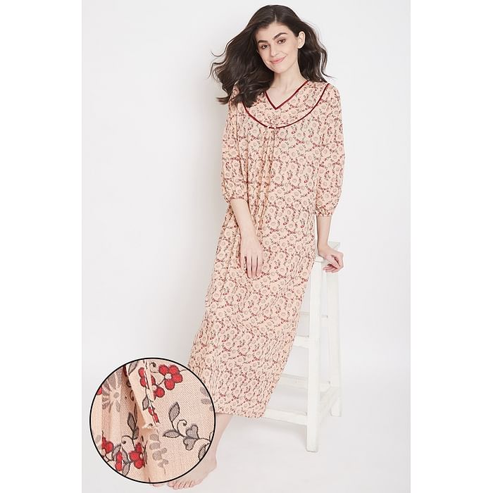 

Clovia Pretty Florals Long Night Dress in Pink- 100% Cotton - NS1332P24, Nude-colour