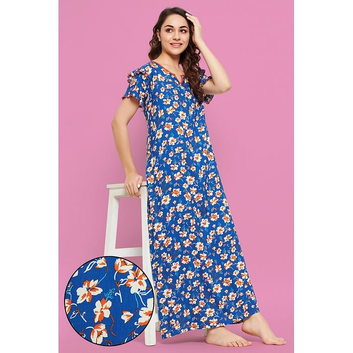 

Clovia Pretty Florals Long Night Dress in Royal Blue - Rayon - NS1211F08, Navy