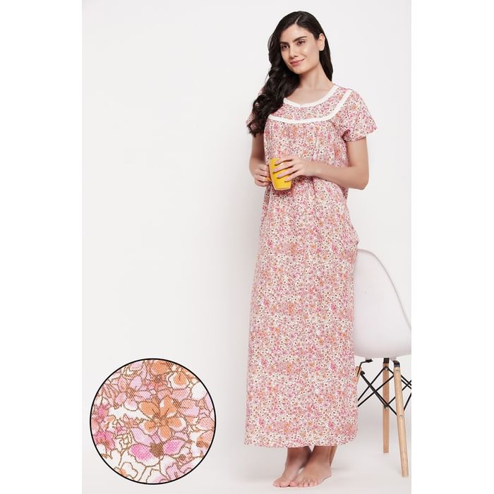 

Clovia Pretty Florals Long Night Dress in Soft Pink - Rayon - NS1367P22, Light pink