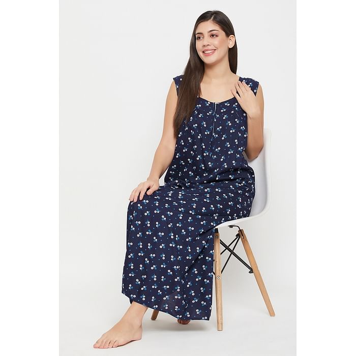 

Clovia Pretty Florals Long Nighty in Navy - Rayon - NS1459P08
