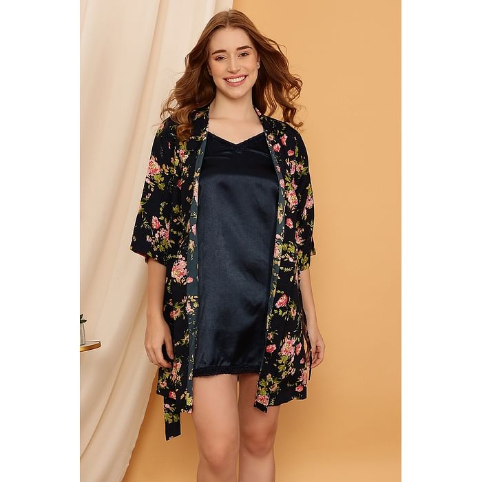 

Clovia Chic Basic Night Dress & Pretty Florals Robe Set in Navy - Crepe - NSC351D08