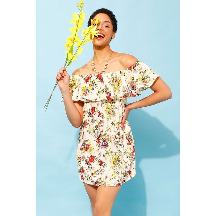 

Clovia Pretty Florals Resortwear Bardot Dress in White - Crepe - RW0018P18