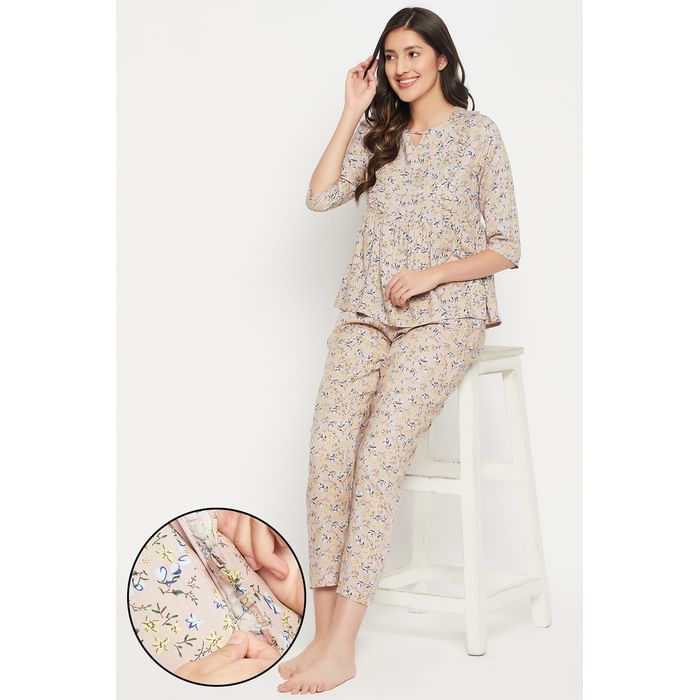 

Clovia Feeding Pretty Florals Peplum Top & Pyjama Set in Nude Pink - Rayon - LS0702P24, Nude-colour
