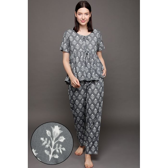 

Clovia Pretty Florals Peplum Top & Pyjama Set in Dark Grey - Rayon - LS0695P05