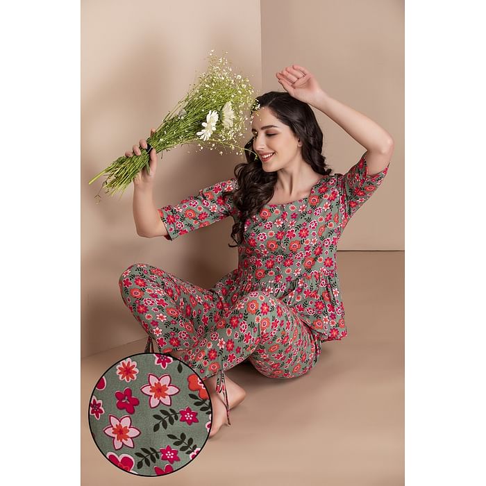 

Clovia Pretty Florals Peplum Top & Pyjama Set in Olive Green - Rayon - LS0591P14, Pink