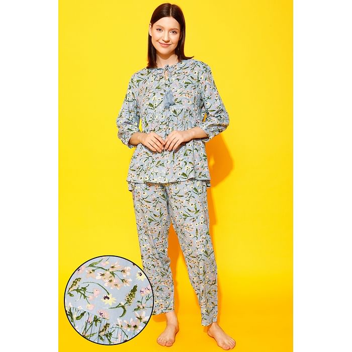 

Clovia Pretty Florals Peplum Top & Pyjama Set in Powder Blue - Rayon - LS0695P03, Light blue