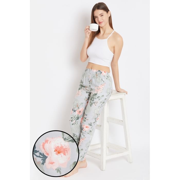 

Clovia Pretty Florals Pyjama in Grey - Rayon - LB0179P01, Light grey