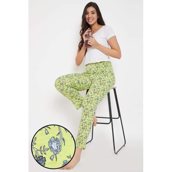 

Clovia Pretty Florals Pyjama in Lemon Yellow - Cotton Rich - LB0176F02, Light yellow