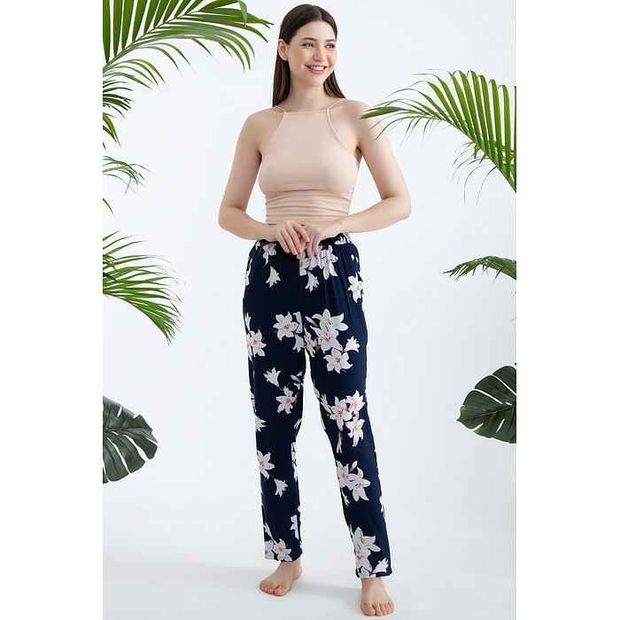 

Clovia Pretty Florals Pyjama in Navy - Rayon - LB0179G08