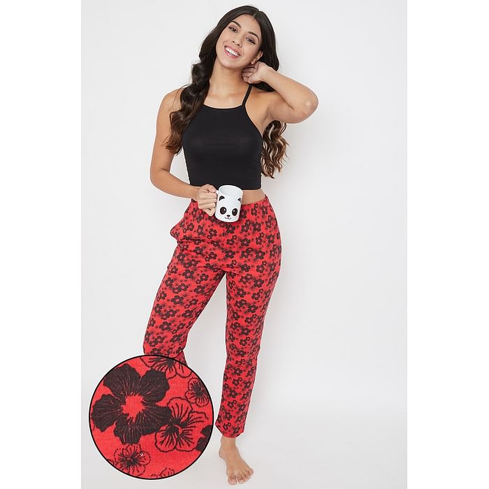 Clovia - Clovia Pretty Florals Pyjama in Red – Cotton Rich – LB0176A04