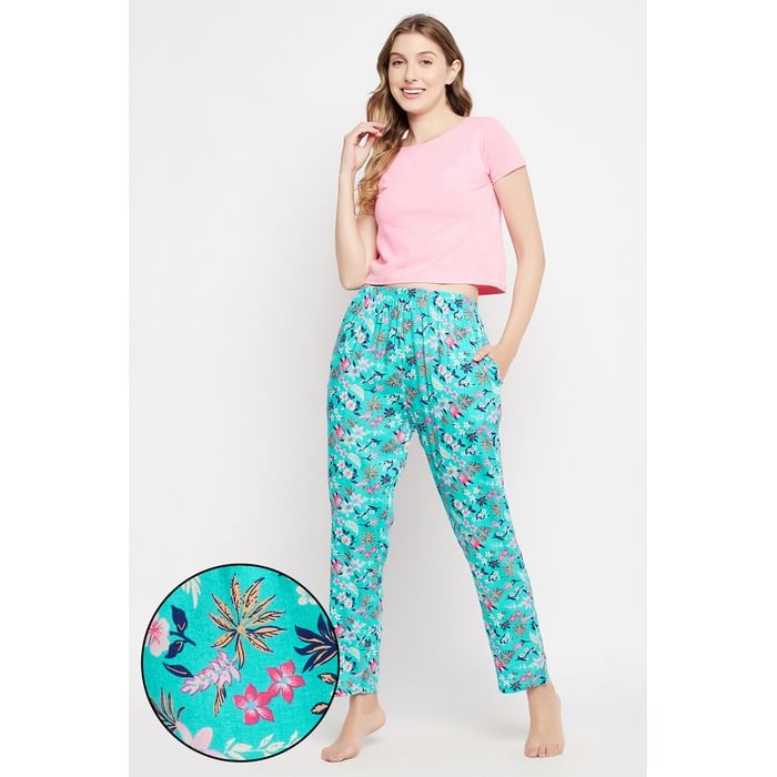 

Clovia Pretty Florals Pyjama in Sky Blue - Rayon - LB0179J03, Light blue