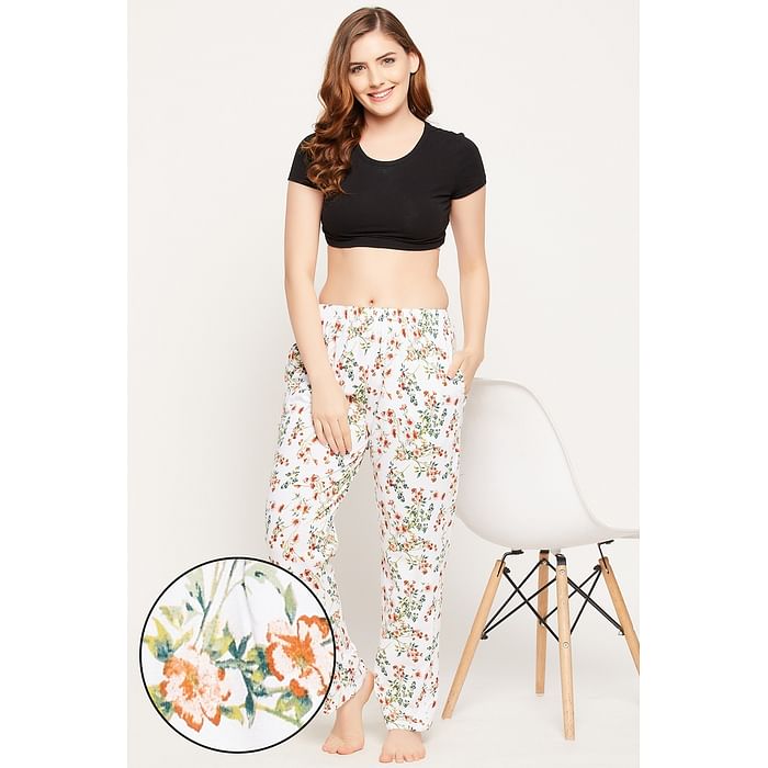 

Clovia Pretty Florals Pyjama in White - 100% Cotton - LB0149P18