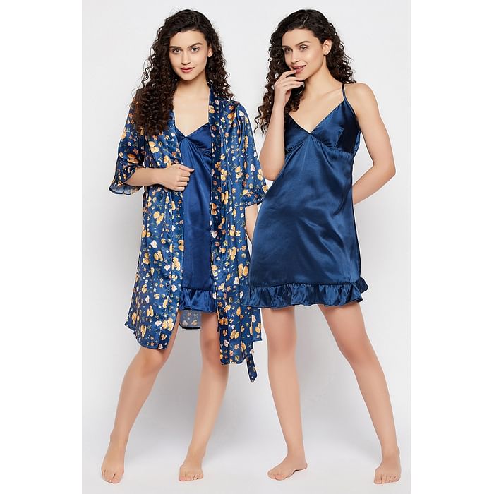 

Clovia Chic Basic Night Dress & Pretty Florals Robe Set in Navy - Satin - NSC470R08