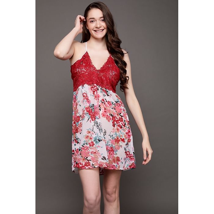 

Clovia Pretty Florals Sheer Babydoll in White - Lace & Georgette - NS1394R14, Pink