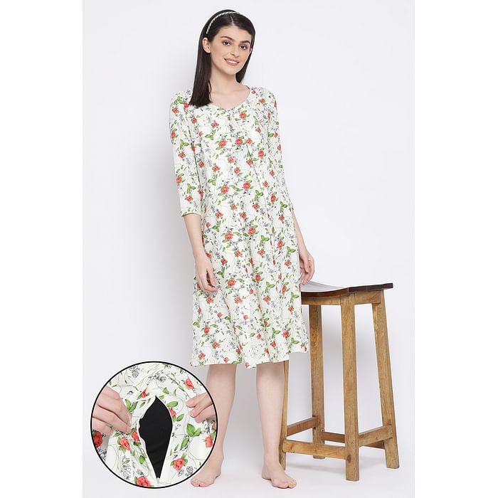 

Clovia Feeding Pretty Florals Mid Length Night Dress in Light Green - Rayon - NS1347P11