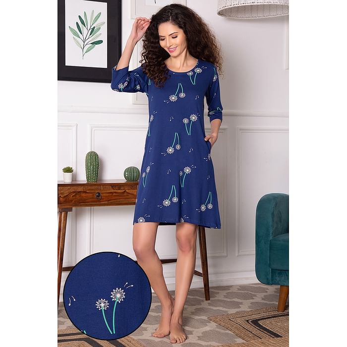 

Clovia Pretty Florals Short Night Dress in Navy - 100% Cotton - NS1489E08