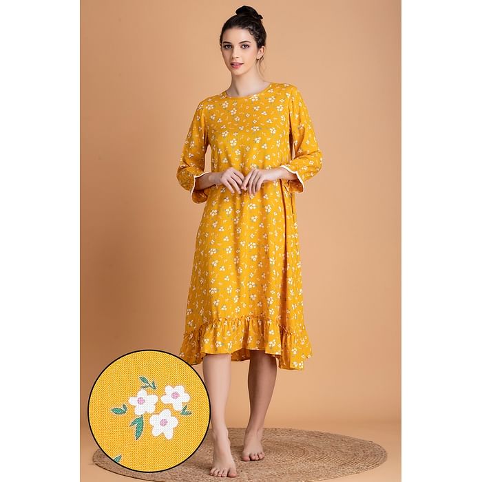 

Clovia Pretty Florals Mid Length Nightdress in Yellow - Cotton Rich - NS1358P02, Light yellow