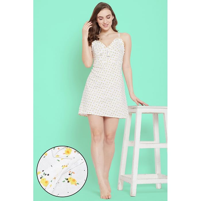 

Clovia Pretty Florals Short Night Dress in Yellow- 100% Cotton - NS1330P02, Light yellow