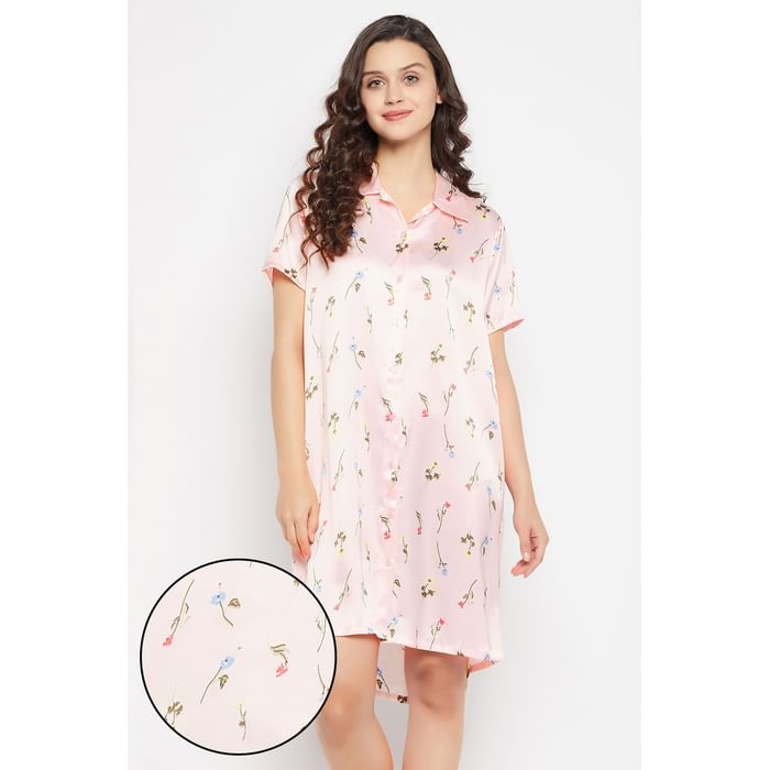 

Clovia Pretty Florals Sleep Shirt in Baby Pink - Satin - NS1244A22, Light pink
