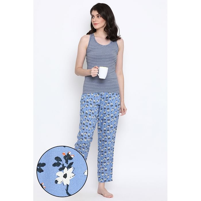 

Clovia Pretty Florals Tank Top & Pyjama Set in Blue- Cotton Rich - LSC013A03, Light blue