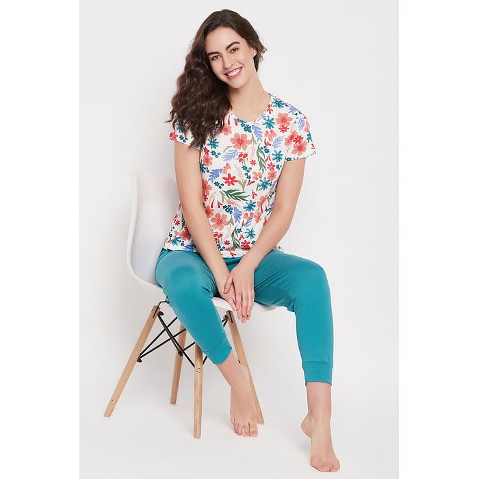 

Clovia Pretty Florals Top in White & Chic Basic Joggers in Teal Green - 100% Cotton - LS5210P18