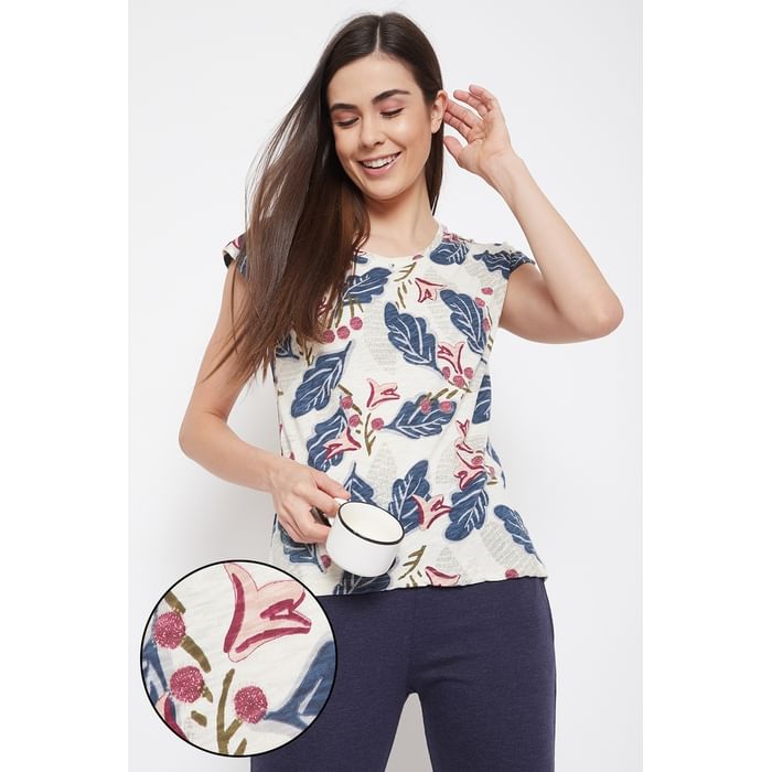 

Clovia Pretty Florals Top in White - Cotton - LT0132E18