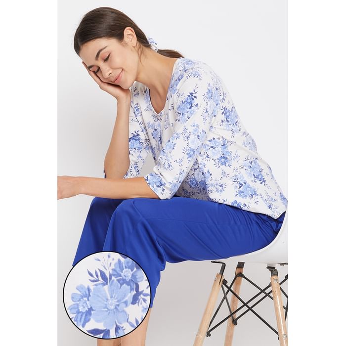 

Clovia Pretty Florals Top in White - Cotton Rich - LT0133D03, Light blue