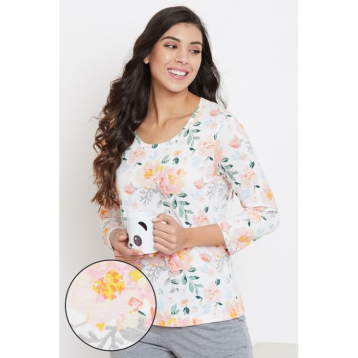 

Clovia Pretty Florals Top in White - Cotton Rich - LT0148A19, Multicolour