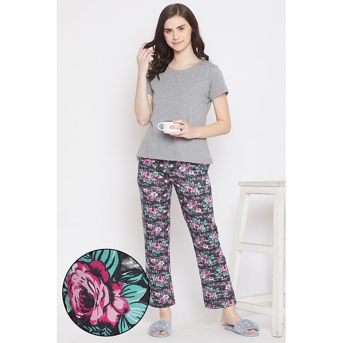 

Clovia Pretty Florals Top & Pyjama in Grey & Black- Cotton Rich - LSC176A01, Light grey
