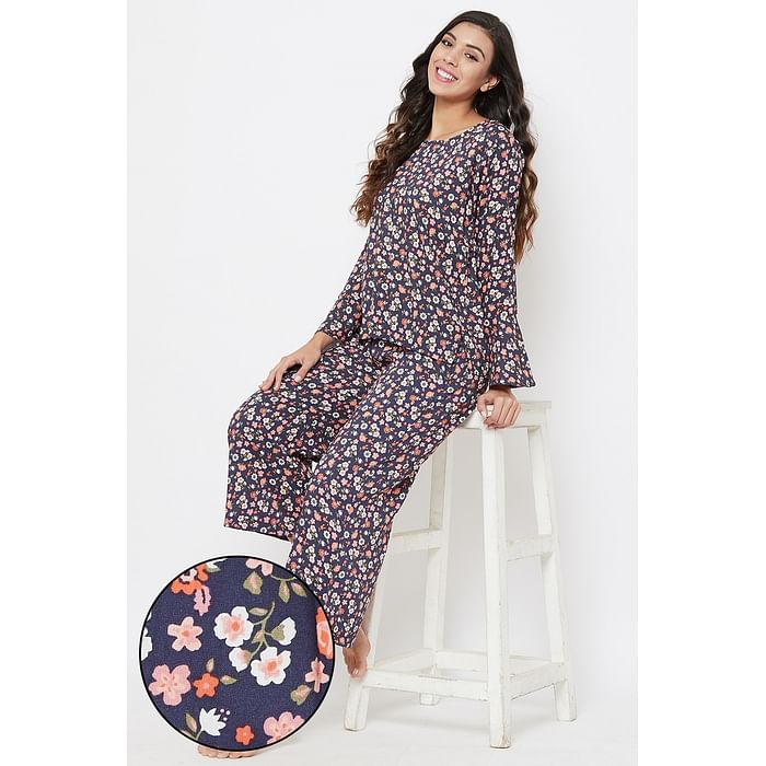 

Clovia Pretty Florals Top & Pyjama in Navy - Rayon - LS0552P08