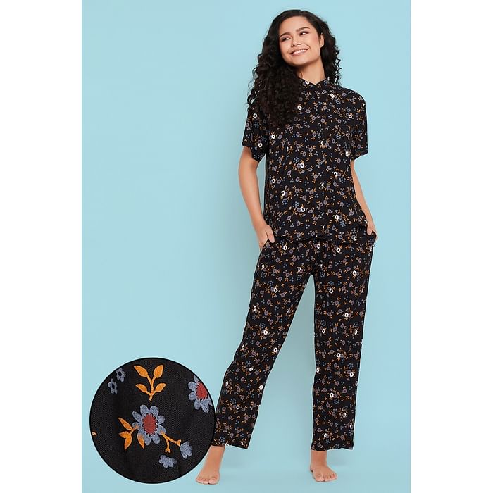 

Clovia Pretty Florals Button Down Shirt & Pyjama Set in Black - Rayon - LS0733P13