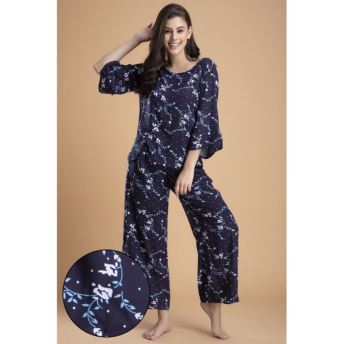 

Clovia Pretty Florals Top & Pyjama Set in Blue - Rayon - LS0534P08, Navy
