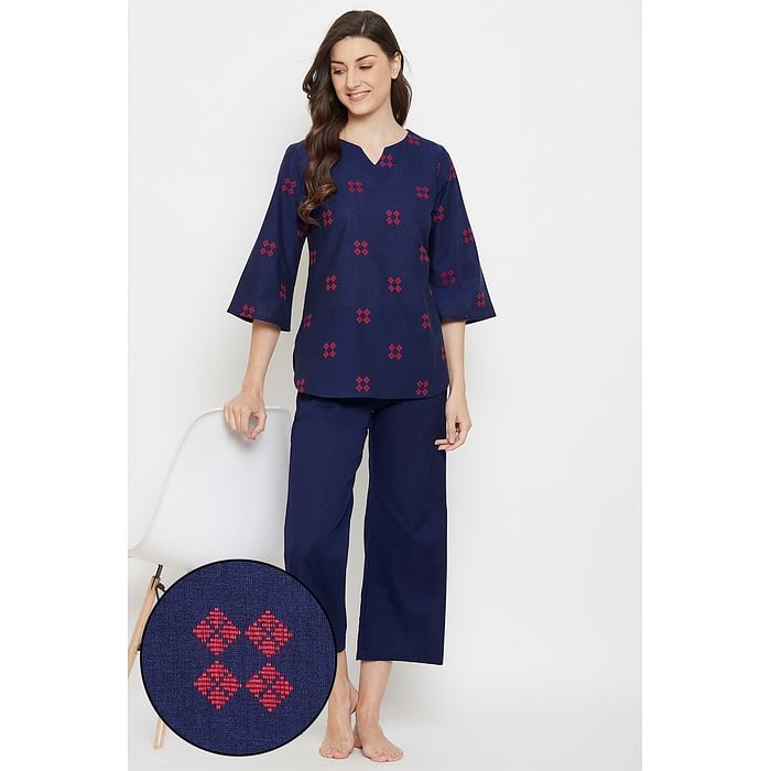 

Clovia Pretty Florals Top & Pyjama Set in Navy - 100% Cotton - LS0574P08