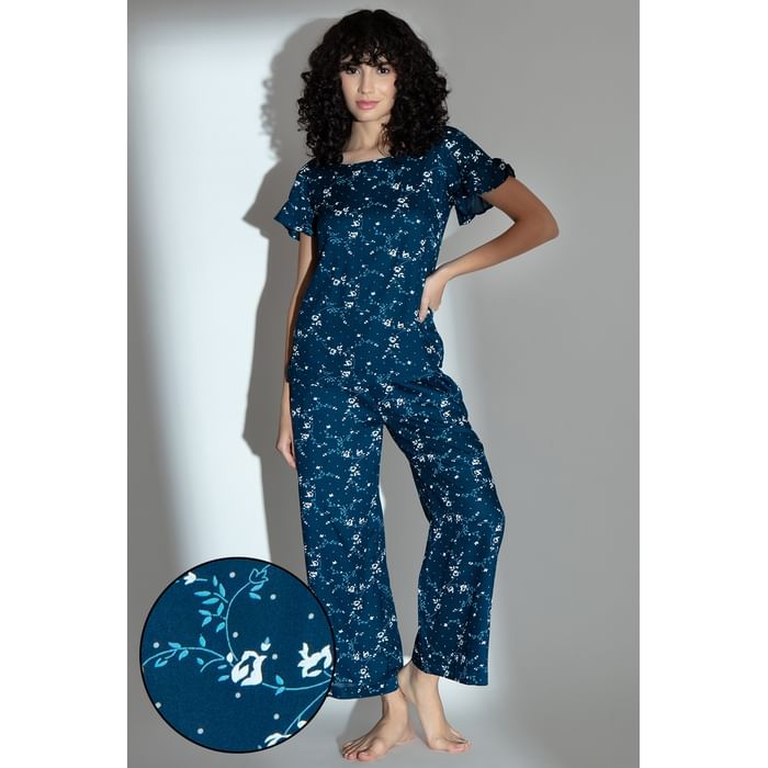 

Clovia Pretty Florals Top & Pyjama Set in Teal Blue - Cotton Rich - LS0534E08, Navy