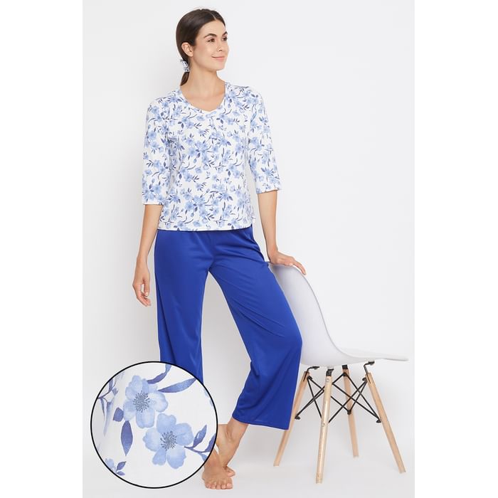 

Clovia Pretty Florals Top & Pyjama Set in White & Blue - Cotton Rich - LSC133P03, Light blue
