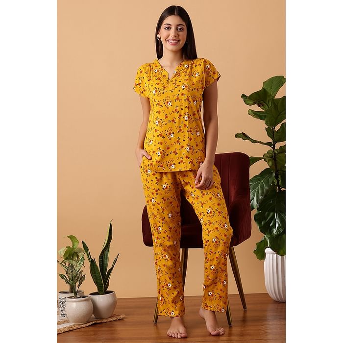 

Clovia Pretty Florals Top & Pyjama Set in Yellow - Rayon - LS0711P07, Mustard