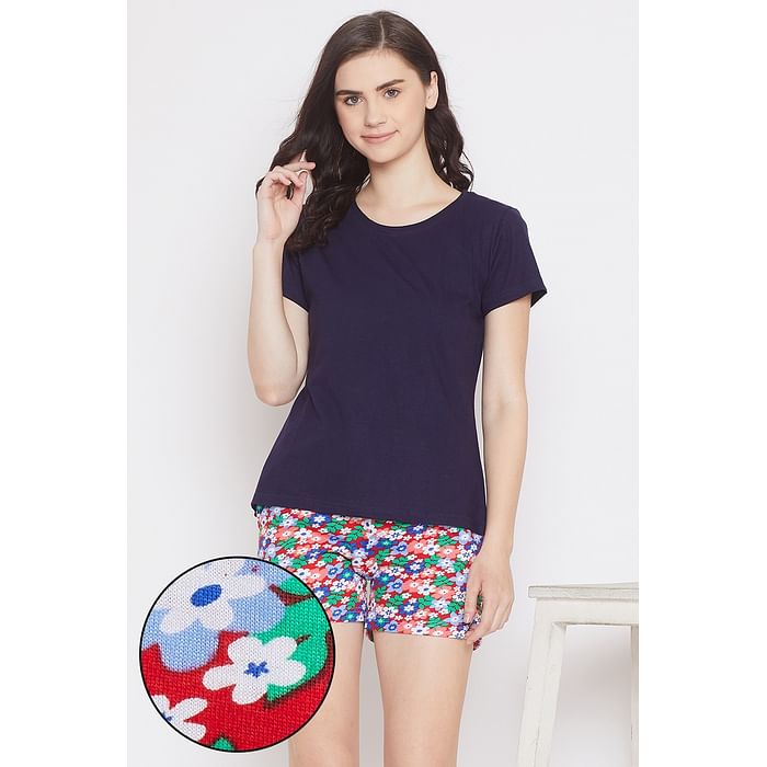

Clovia Pretty Florals Top & Shorts in Navy Blue- Cotton Rich - LSC174P08