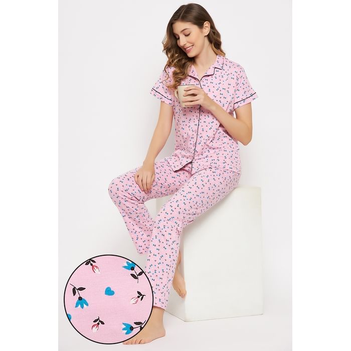 

Clovia Pretty Florals Button Down Shirt & Pyjama Set in Baby Pink - 100% Cotton - LS0645P22, Light pink