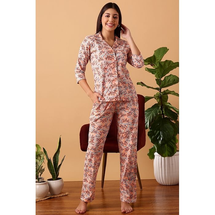 

Clovia Print Me Pretty Button Down Shirt & Pyjama Set in Peach Colour - 100% Cotton - LS0585P34