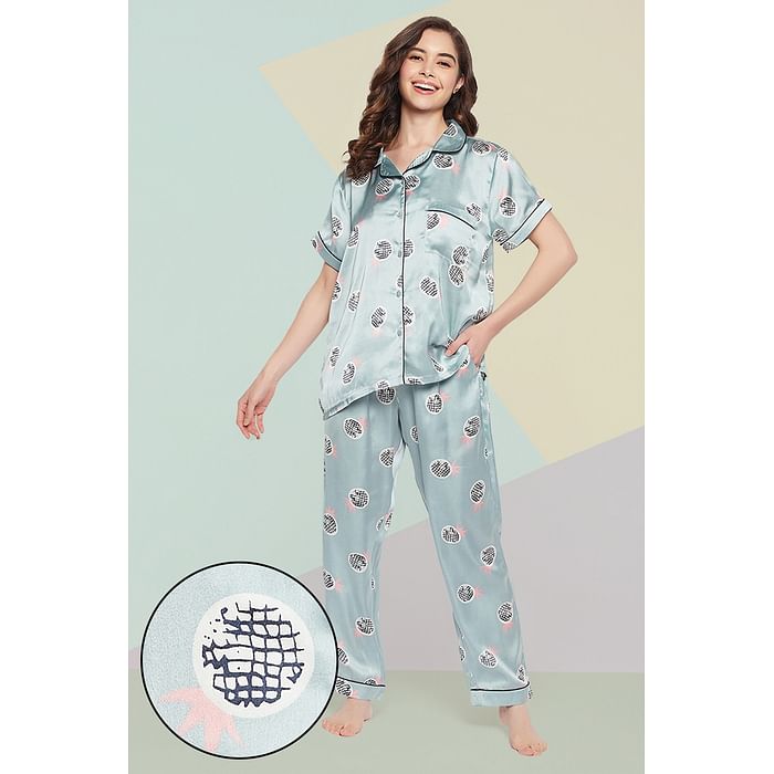 

Clovia Print Me Pretty Button Down Shirt & Pyjama Set in Sage Green - Satin - LS0385L11, Light green