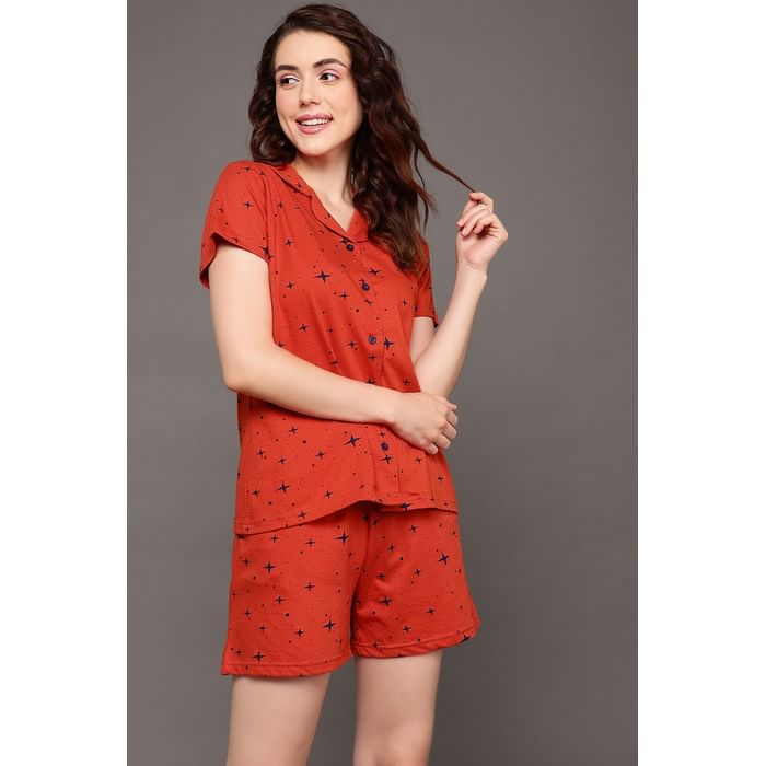 

Clovia Cosmos Print Button Down Shirt & Shorts Set in Red - 100% Cotton - LS0094D04