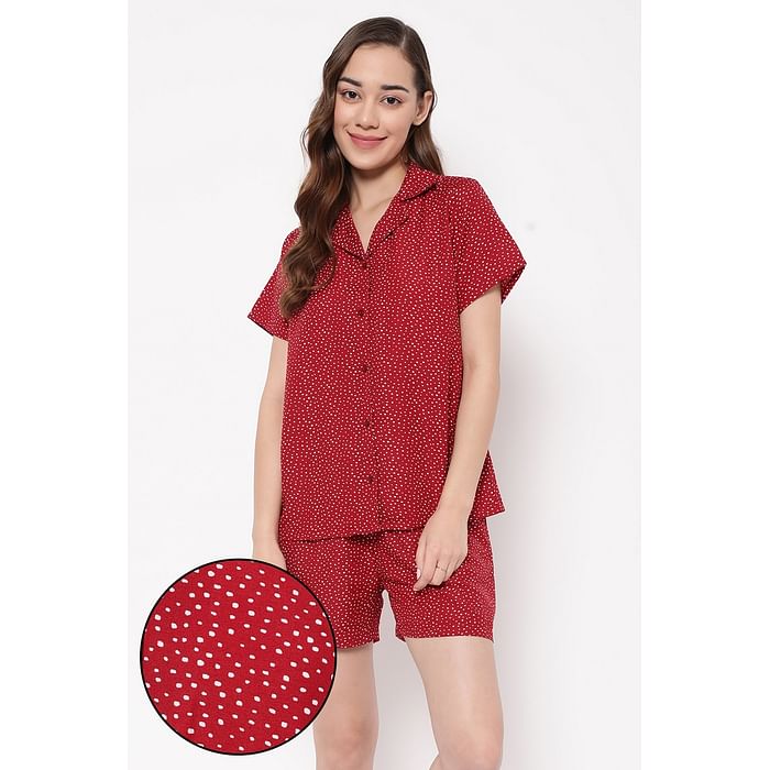 

Clovia Print Me Pretty Button Down Shirt & Shorts Set in Red - Rayon - LS0141D09, Maroon