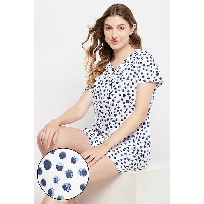 

Clovia Print Me Pretty Button Down Top & Shorts Set in White - 100% Cotton - LS0703D18