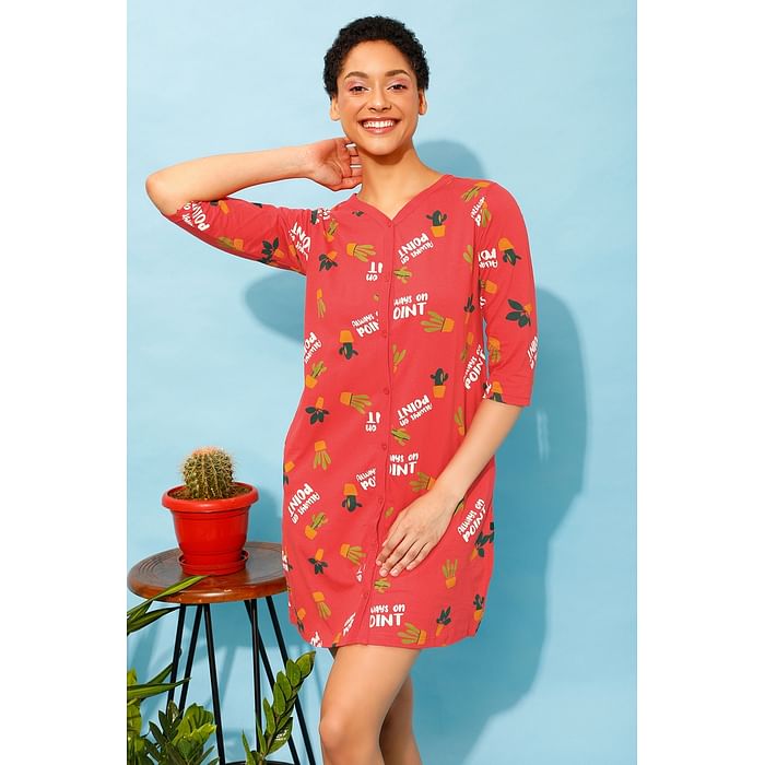 

Clovia Cactus Print Button Me Up Night Dress in Coral Red - 100% Cotton - NS1487P04