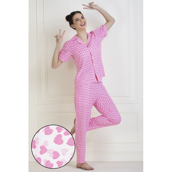 

Clovia Heart Print Button Down Shirt & Pyjama in White - Rayon - LS0385G22, Light pink