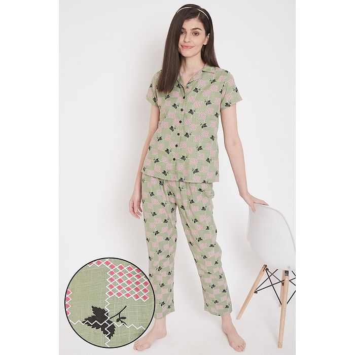 

Clovia Print Me Pretty Button Me Up Shirt & Pyjama in Sage Green- 100% Cotton - LS0385A11, Light green