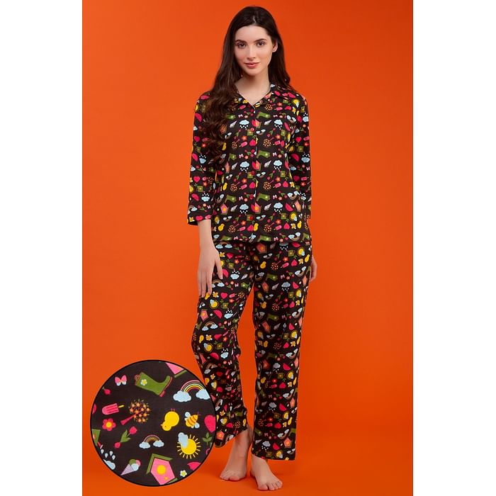 

Clovia Print Me Pretty Button Down Shirt & Pyjama Set in Black - 100% Cotton - LS0585D13