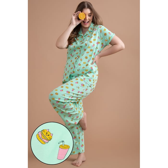 

Clovia Print Me Pretty Button Down Shirt & Pyjama Set in Mint Green- 100% Cotton - LS0025I11, Light green