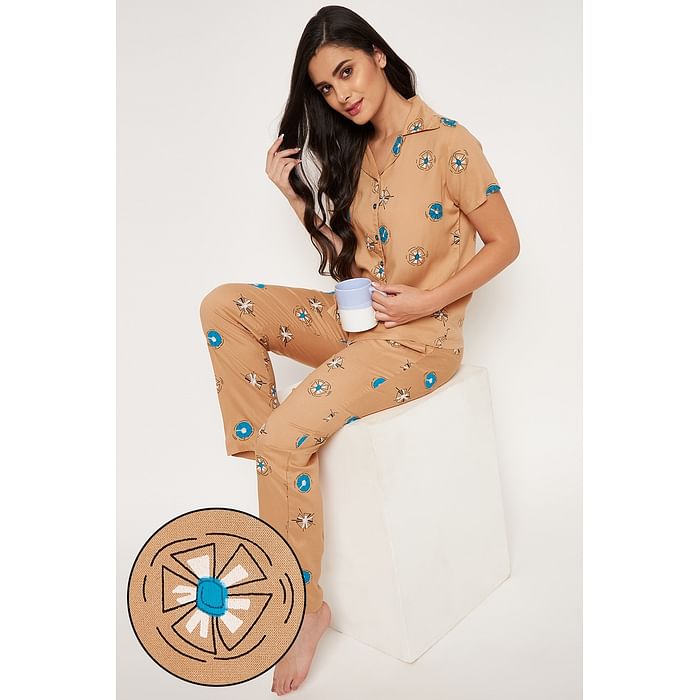 

Clovia Pretty Florals Button Down Shirt & Pyjama Set in Mustard - Rayon - LS0385P07